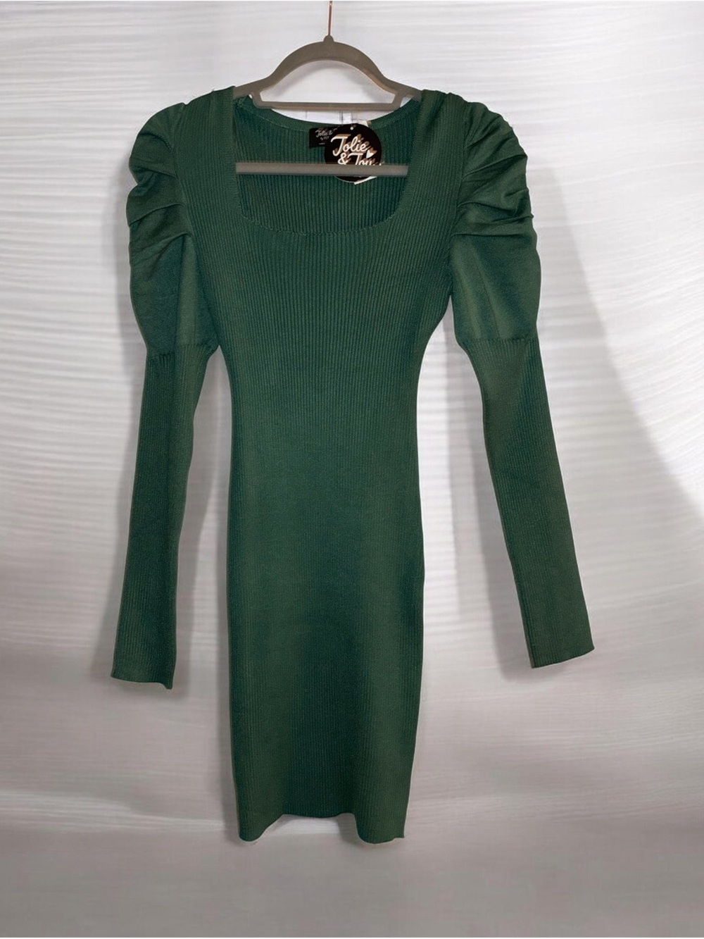 Forest Green Puff-Sleeve Knit Dress